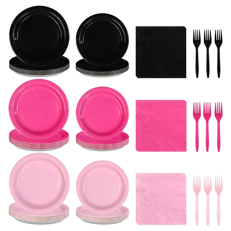 Grencian 96 Pcs Pink and Black Birthday Decorations Hot Pink Party Plates and Napkins Disposable Heavy Duty Pink and Black Tableware Set for Girls Women Birthday Bridal Shower Wedding Party Decor - Image 1